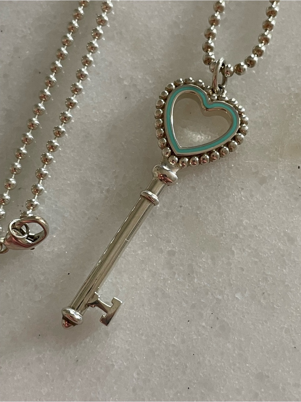 Tiffany Silver and enamel Key Heart Pendant Necklace  on a 30” thick bead chain